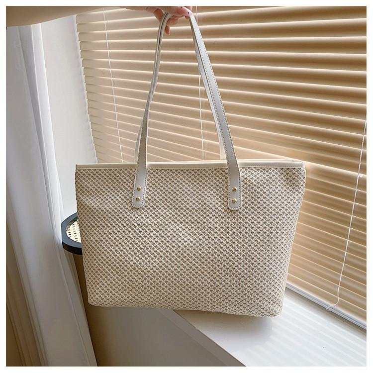 

Mid-soft Woven Handbag For Women Versatile Large Tote Bag Ideal For Everyday Use In Cream And Khaki OffWhite