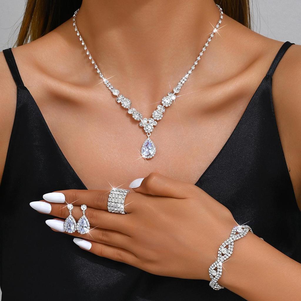 Bridal Jewelry Set: Rhinestone Zircon Teardrop Necklace, Earrings, Bracelet, Ring