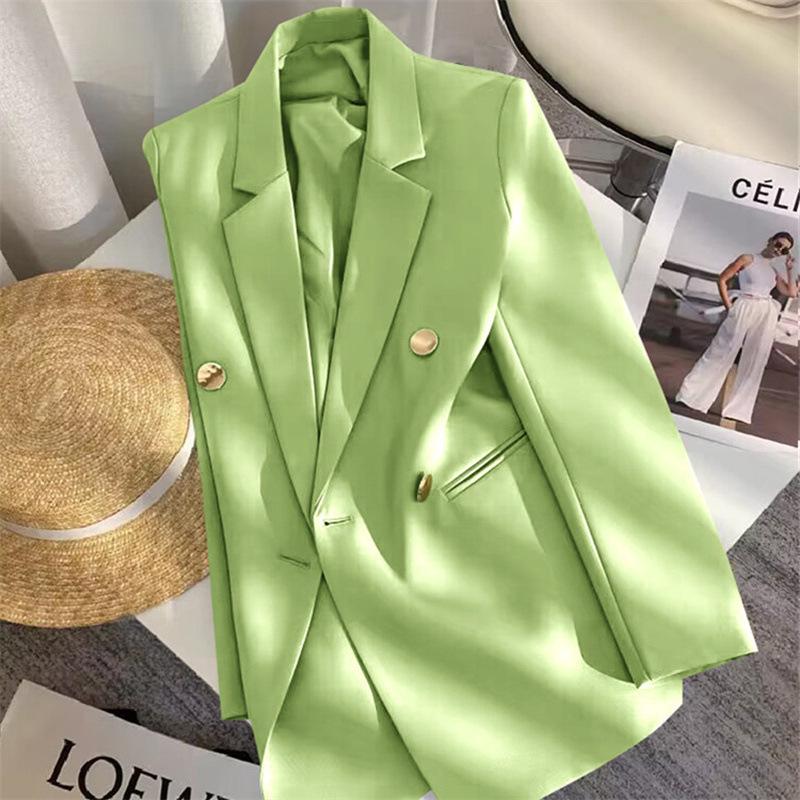 Women Long Sleeve Blazer Jacket Lapel Double Breasted Gold Button Loose Fit Office Casual Suit Outerwear Coat