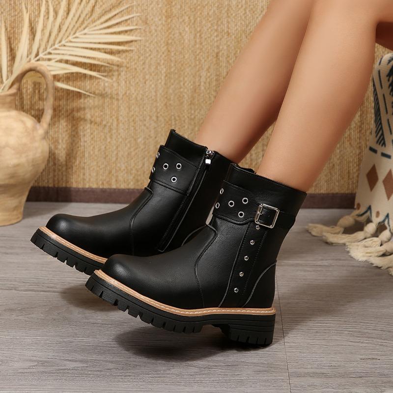 New Women's Side Zipper Chimney Boots with Belt Buckles and Large Size Shoes