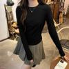 French shoulder long-sleeved top T-shirt for women in autumn and winter plus velvet small stand-up collar suit with fishbone waist bottoming shirt
