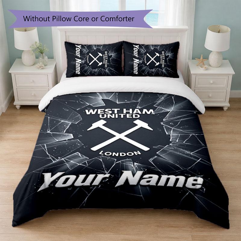 Set Biancheria da Letto Personalizzato West Ham United FC Testo Nome 1 Copripiumino+2 Federe Logo Calcio Regalo Personalizzato per Occasione Speciale Decorazione Camera da Letto