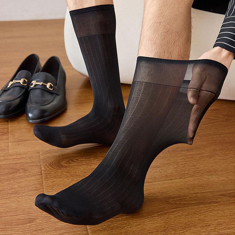 3 Pary Męskie Długie Jedwabne Skarpetki Biznesowe Cienkie Nylonowe Paskowane Oddychające Miękkie Elastyczne Pod Kolano Łydka Strój Formalny Skarpetki Załogowe Dżentelmen