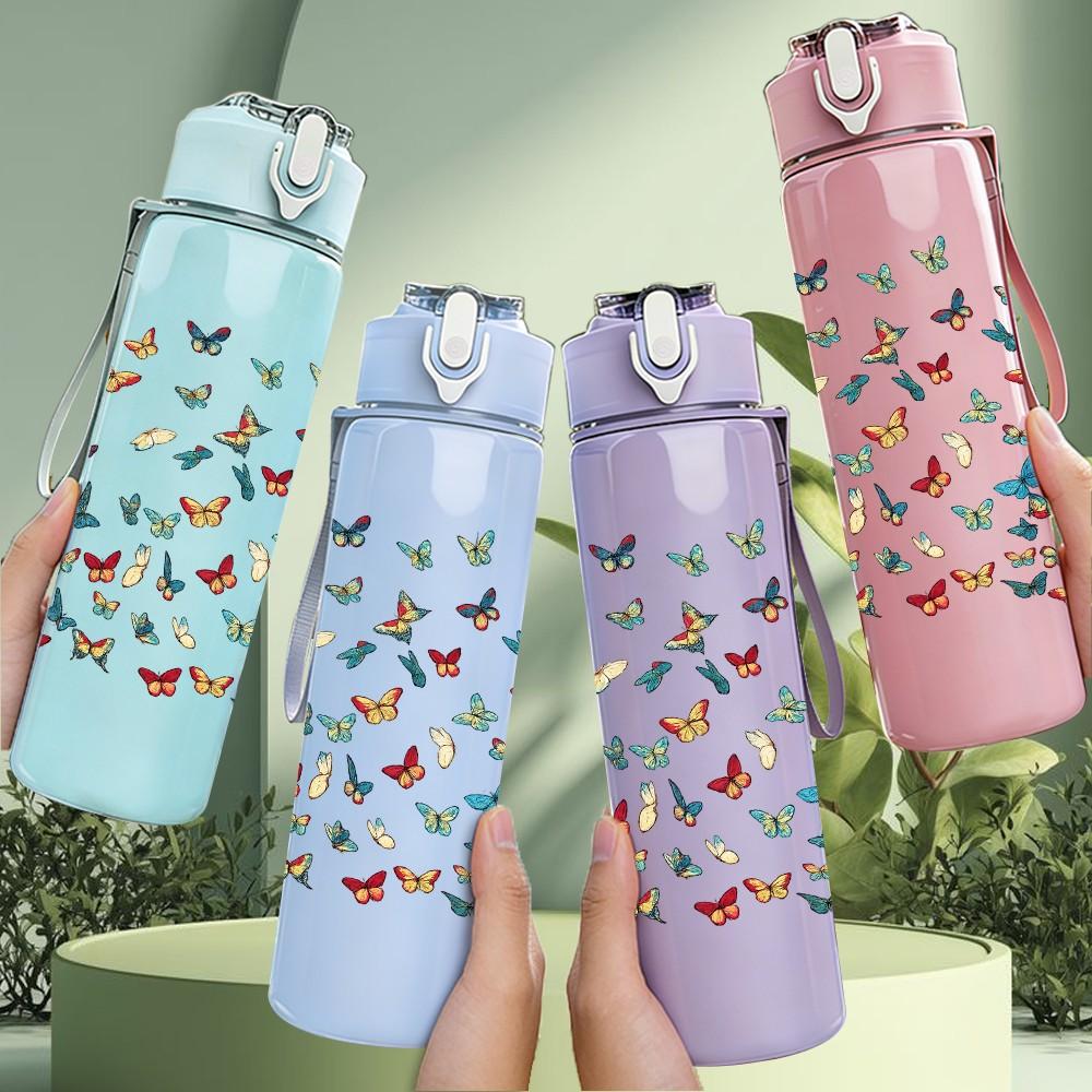 1PC Small Bird Butterfly Repeat Doodle Print 750ml Color Plastic Sports Water Bottle Leakproof Flip Straw Lid Suitable for Sports Office Home Use