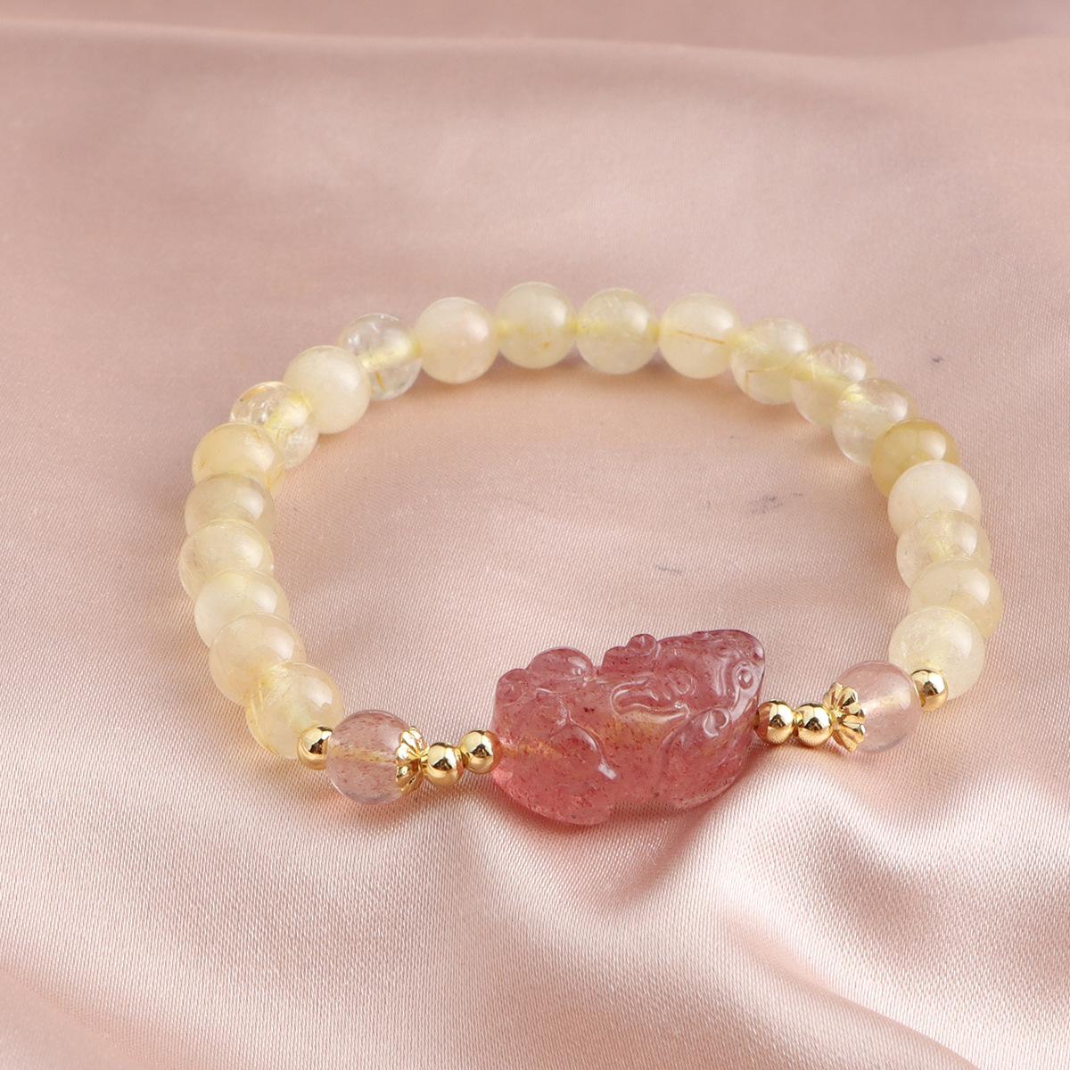 Citrine Strawberry Crystal Pixiu Single Ring Bracelet Citrine Pearl Cat Claw Single Ring Bracelet Fashion