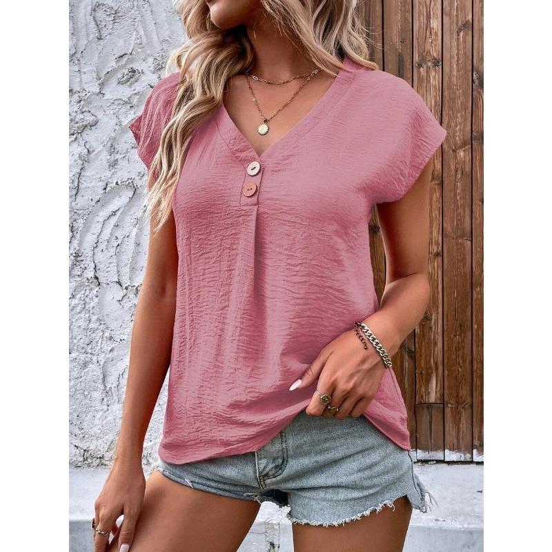 QICED Women's Fashion Casual Solid Color Print Short Sleeve V Neck Blouses & Shirts