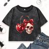 Red Skeleton Cherry Prints Women Crop Washed T-Shirt Slim Fashion T Shirt Street Cotton Short Sleeve Summer Tops