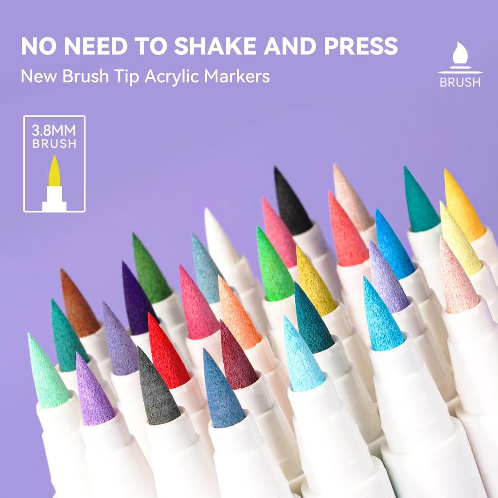 Arrtx Acrylic Paint Pen 30 Brush Tip Acrylic Marker Pen for Rock Fabric and DIY Projects Colors, Painting, Wood, Glass, Canvas, Metal, Plastic, (A)