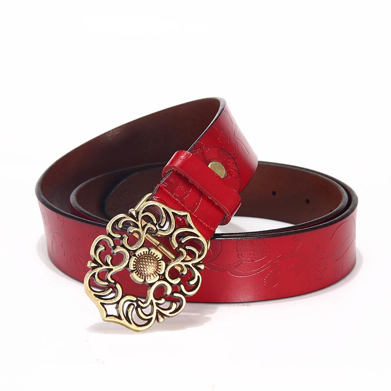 Кожаный ремень женский из воловьей кожи широкий ремень джинсы стильный простой декор гладкая пряжка ночной рынок ларек 105cm красный