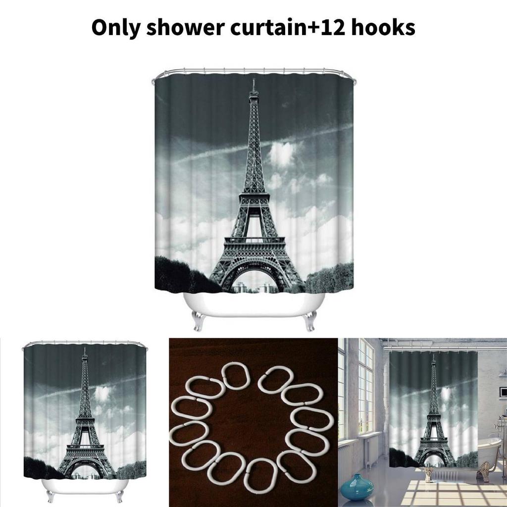 Eiffel Tower Polyester Shower Curtain With City Nightscape Bridge Design For Bathroom Decor