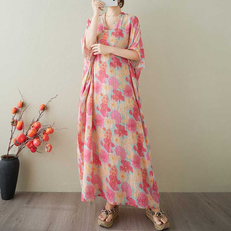 V-neck Retro Long Skirt Cotton Linen Dress for Women