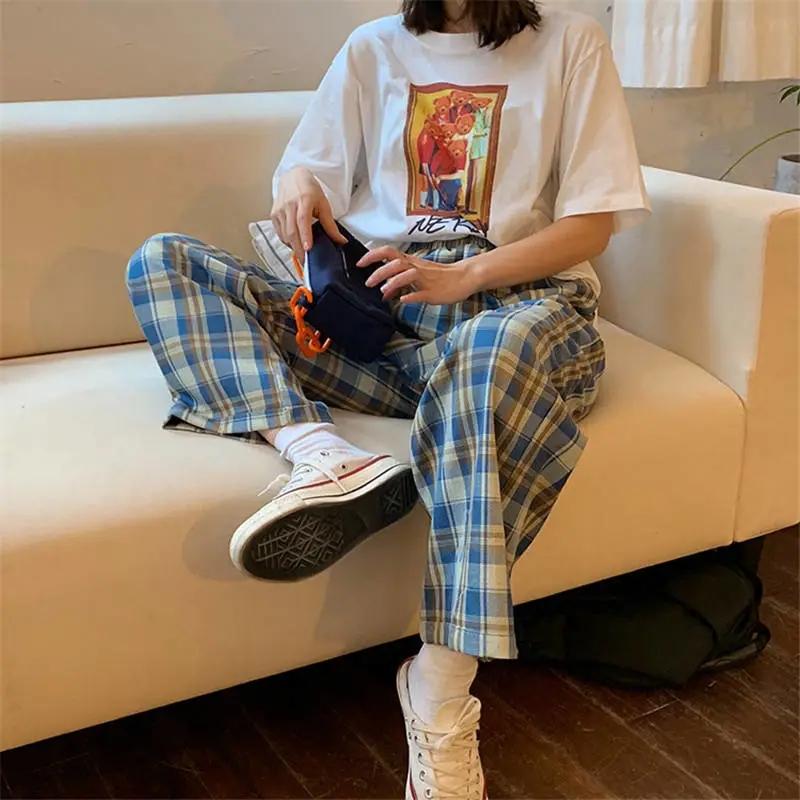 Spring Summer Latest Korean Loose Students High Waist Thin Plaid Pants Wide Leg Pants Casual Straight Pants Streetwear