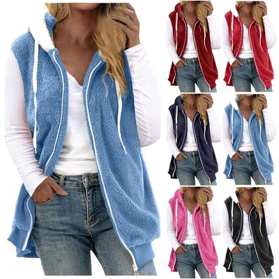 Women's Fashionable Solid Color Plush Zipper Pocket Hooded Sleeveless Loose Warm Vest Jacket