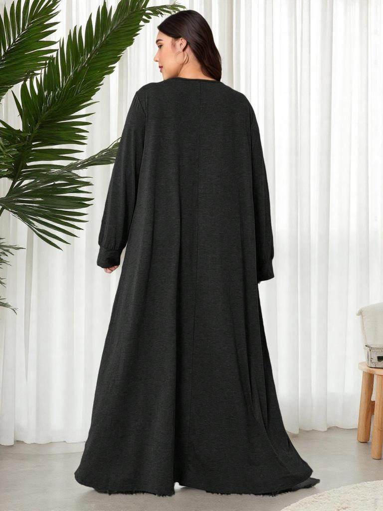 Plus Size Autumn Street Fashion Loose Knit Dress - Solid Color, Round Neck, Long Sleeve