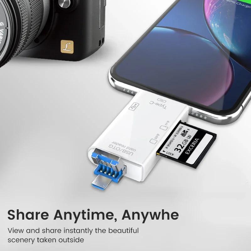 Multifunction 6 in 1 OTG SD Card Reader USB2.0 Type-C/TF/SD Memory Card Smart Cardreader for Laptop Accessories Adapter