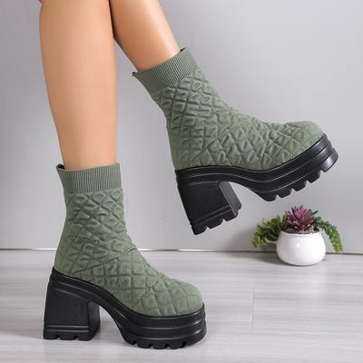 Botas curtas novas da moda, tamanho grande, cano alto, meias elásticas, salto grosso, sola grossa