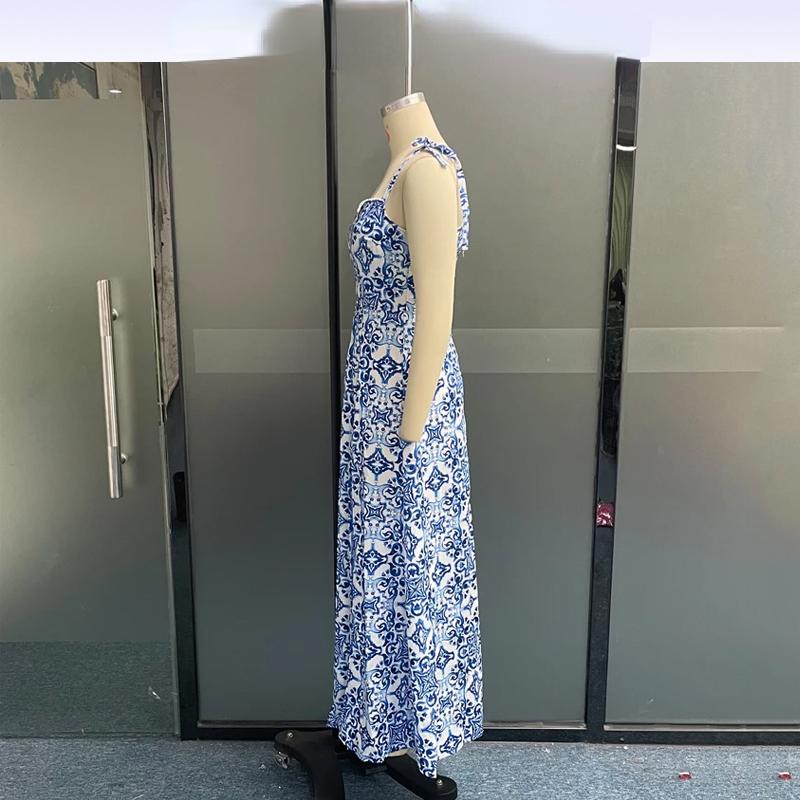 Sexy Elegant Backless Print Long Dress Women Casual Split Sleeveless Strappy Dresses Female Fashion Chic Sweet Beach Party Clothing