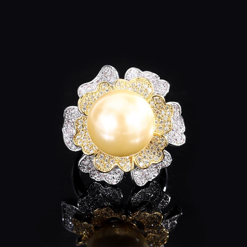 

Ювелирное изделие Инкрустированное Перламутром Золотистое Цветной Бриллиант Цветок Женское Кольцо 14 мм