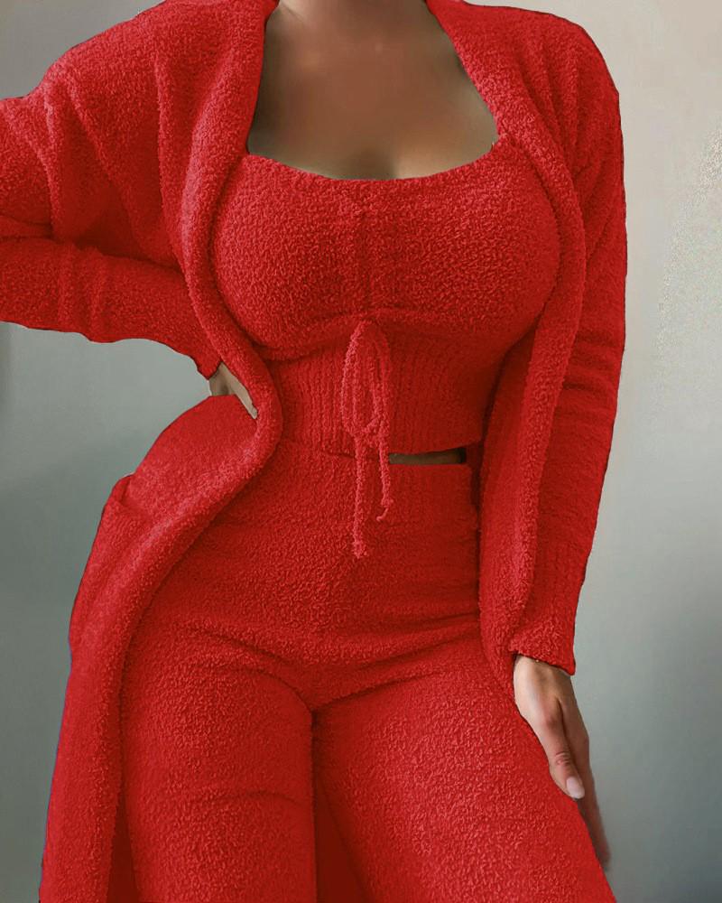2026 Women's Plush Three-Piece Lace-Up Pajama Set - Casual Home Wear