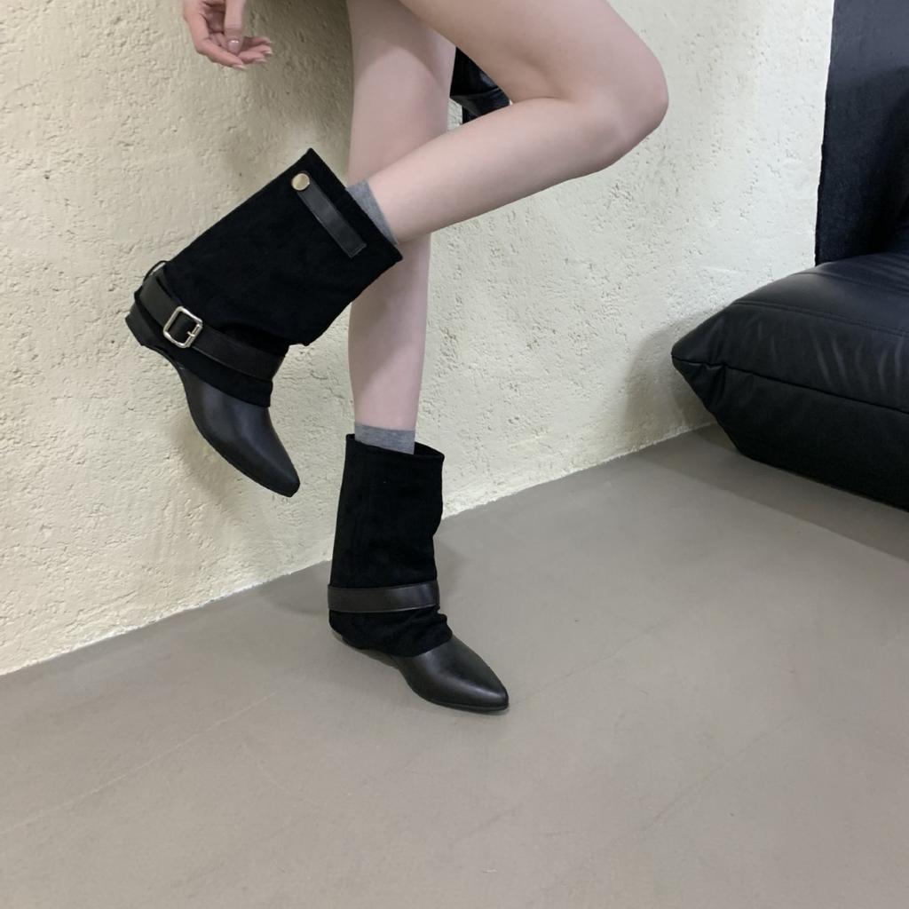 Autumn and Winter New European and American Heightening Square Head Western Boots Belt Buckle Suede Splicing Trouser Tube Boots
