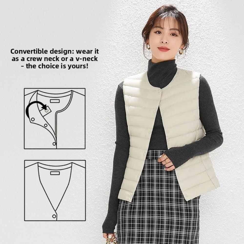 Women Collarless Down Vest Lightweight V Neck Warm Inner Liner Plus Size