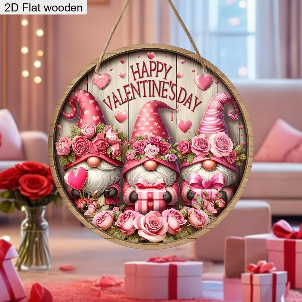 2D Flat Charming Valentine's Day Gnome Sign, 2D Pink Roses Wreath Sign, 7.87 Inch Wooden Round-shaped Hanging Wall or Door Decor, Holiday Party