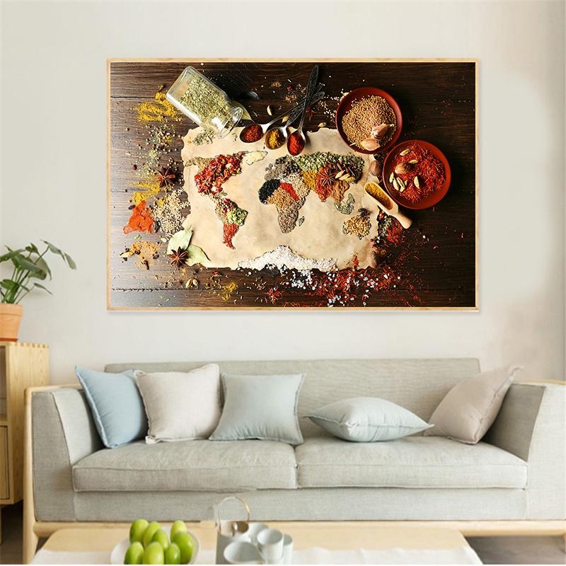 Spices Map Canvas Painting Grains Spoon Peppers Wall Art Kitchen Poster Print Decorative Picture For Dining Room Home Decor Unframed