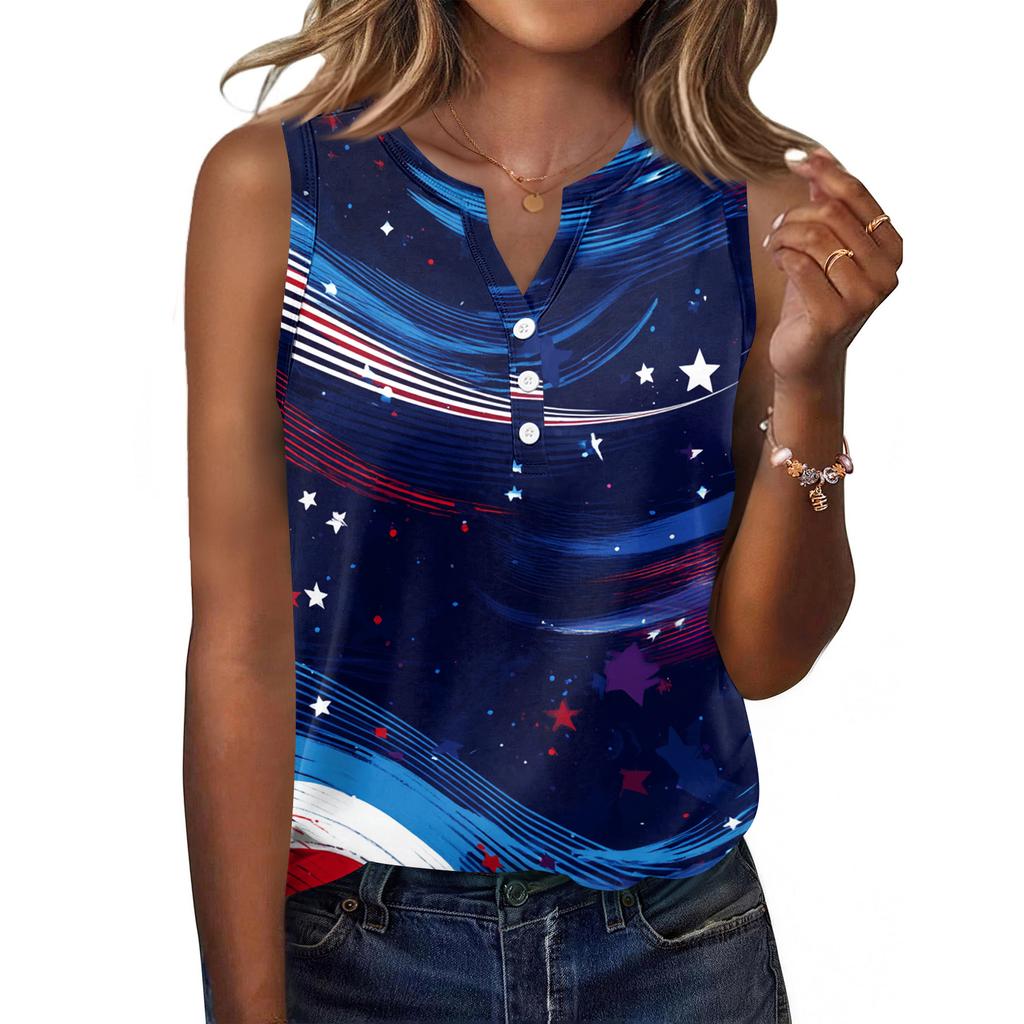 Women Sleeveless V Neck Button Front Casual Top with Star Print Pattern Relaxed Fit for Everyday Wear