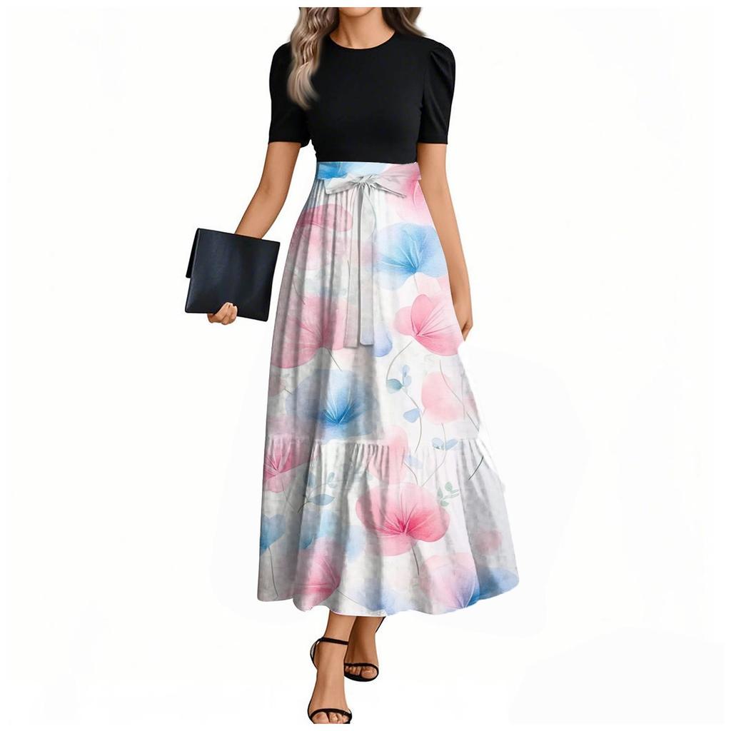 Women's Elegant Fashion Floral Print Belted Short Sleeve Round Neck Splicing Casual Dress