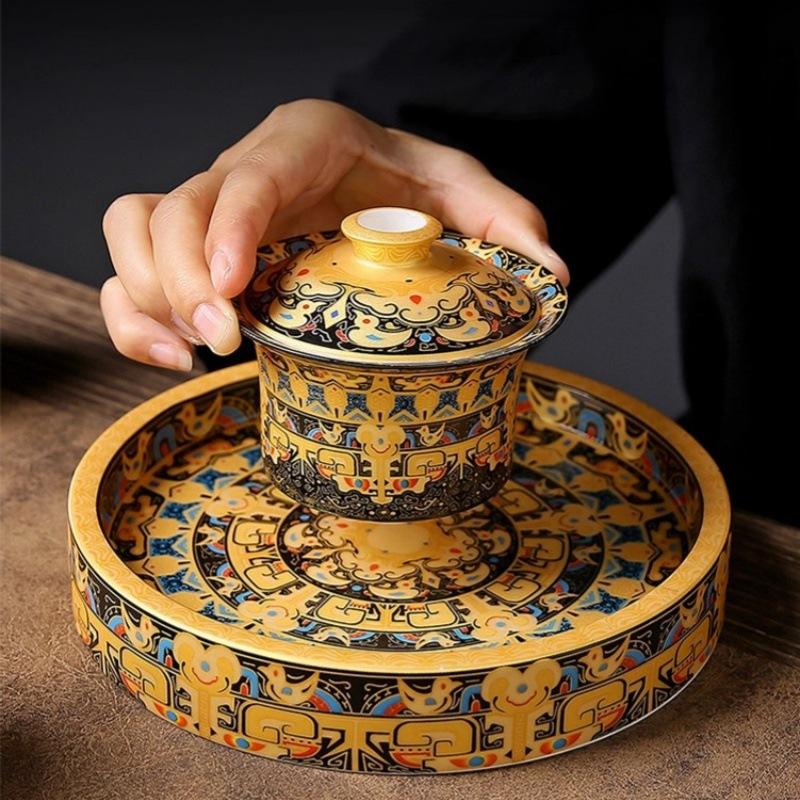 Thangka suspended gaiwan, three-talent tea brewing bowl cup, one pot, three-cup tea brewing set, ceramic kung fu tea set, small tea brewing set