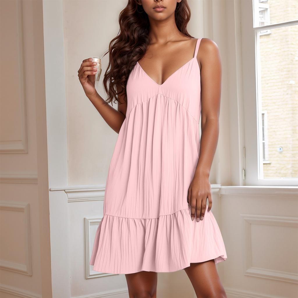 Women's Fashionable Solid Color Sexy V Neck Suspender Sleeveless Beach Vacation Loose Dress