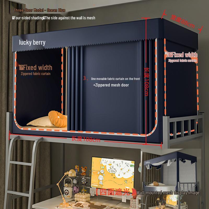 University Dorm Blackout Privacy Curtain - 3-Door Mosquito Net for Bunk Beds
