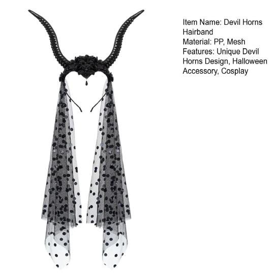 Halloween Gotisk Svart Antilopehorn Pannebånd Mørke Djevel Sauhorn Heksekostyme Tilbehør med Nett for Halloween Cosplay Renessanse Fotoshoot