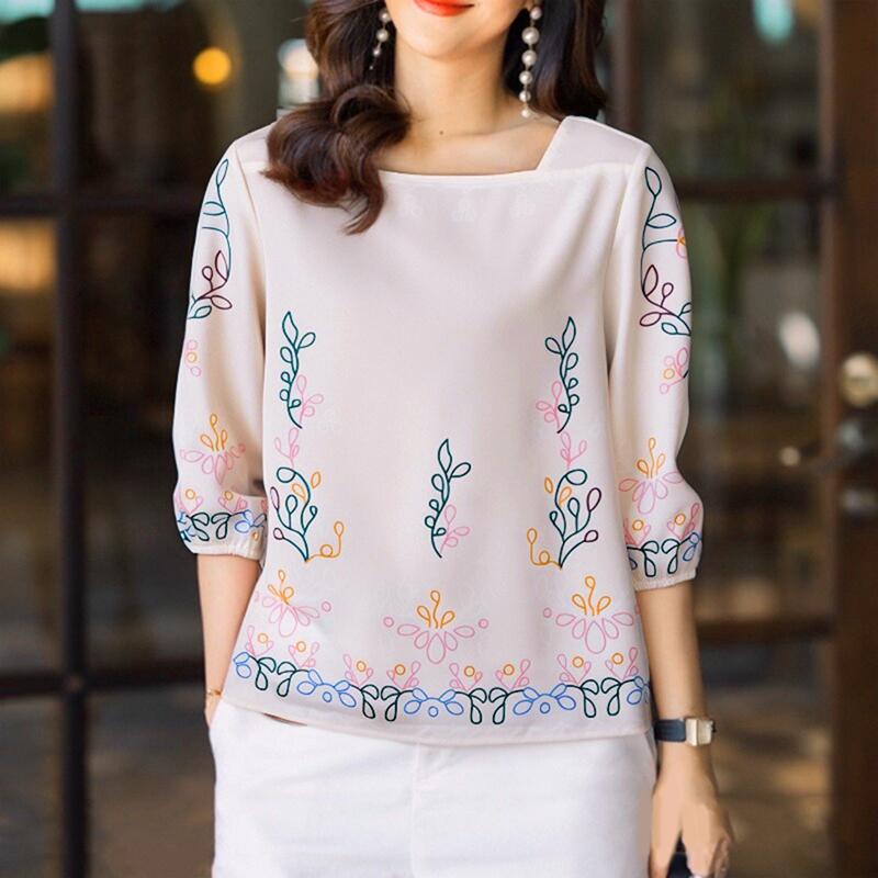 

ZANZEA Женская повседневная блузка с круглым вырезом и рукавом 3/4 с принтом 3XL абрикосовый