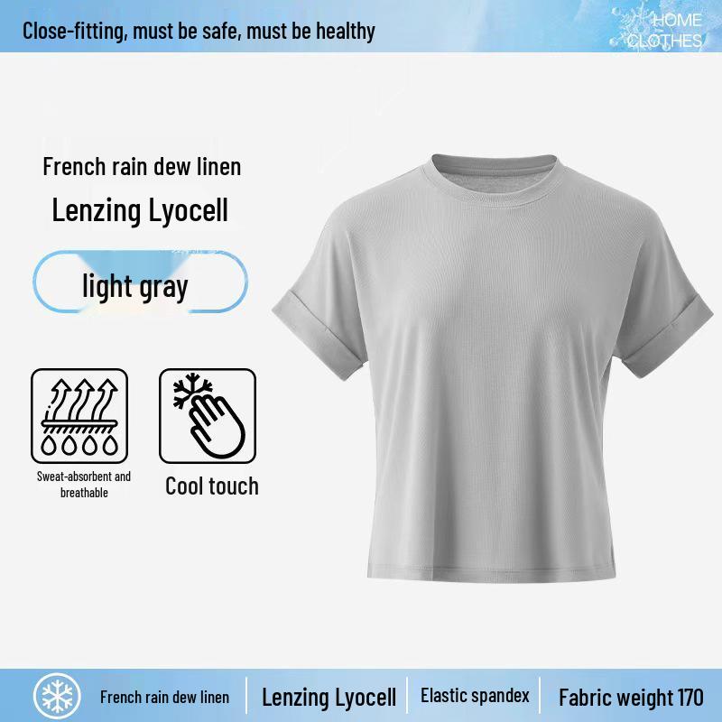 

Женская футболка из лиоцелла и льна Tencel с рукавами «летучая мышь» из ледяного шелка для лета M (approx. 45-55 kg) светло-серый