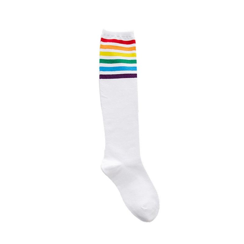 Women School JK Girls Cotton Over Calf Long Socks Japanese Style Rainbow Striped Student Uniform Casual Knee High Socks