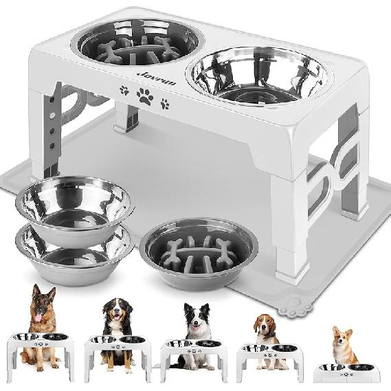 Elevated Dog Bowls, Dog Feeder with 2 Stainless Steel Dishes &1 Slow Feeder Bowl, 5 Heights Adjustable Raised Stand for Medium Large, Food Dishes