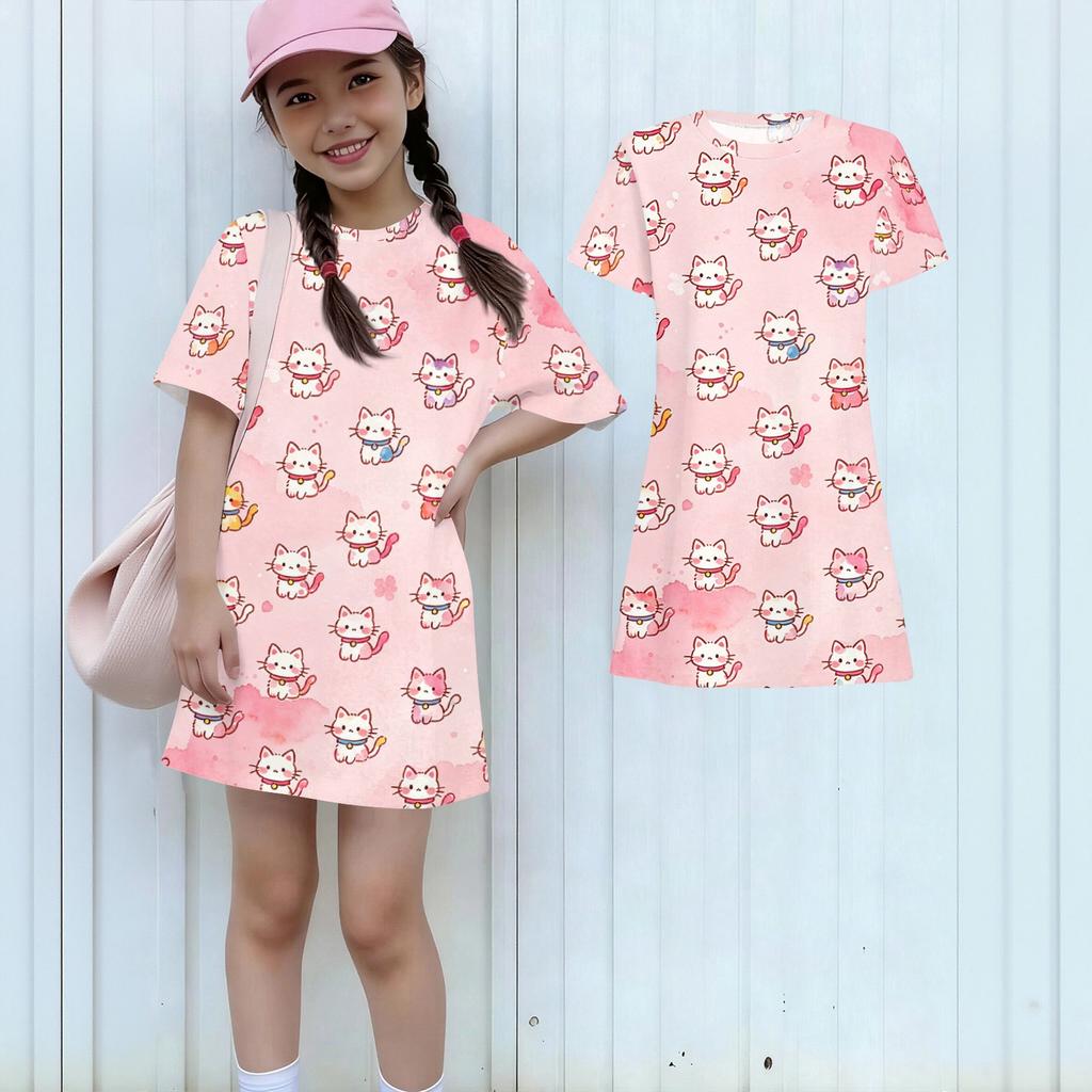 Girls Loose Fit Short Sleeve Dress Kids Casual Round Neck Lightweight Summer Dress with Animal Print Comfortable Fabric
