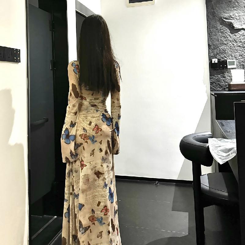 Retro butterfly print ice silk long-sleeved dress women's autumn new slim and thin temperament hip skirt