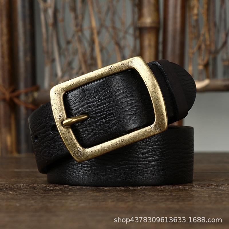 European And American Retro Concave Old First Layer Cowhide Belt Men'S Genuine Leather Japanese Character Copper Needle Buckle Jeans Belt