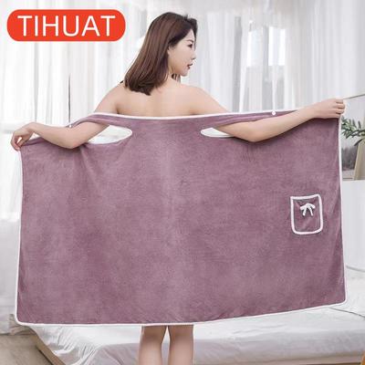 1pc Portable Bath Towel Absorbent Quick Dry Bathrobe with Pockets Bow Decor Bath Towel Bathroom Accessories