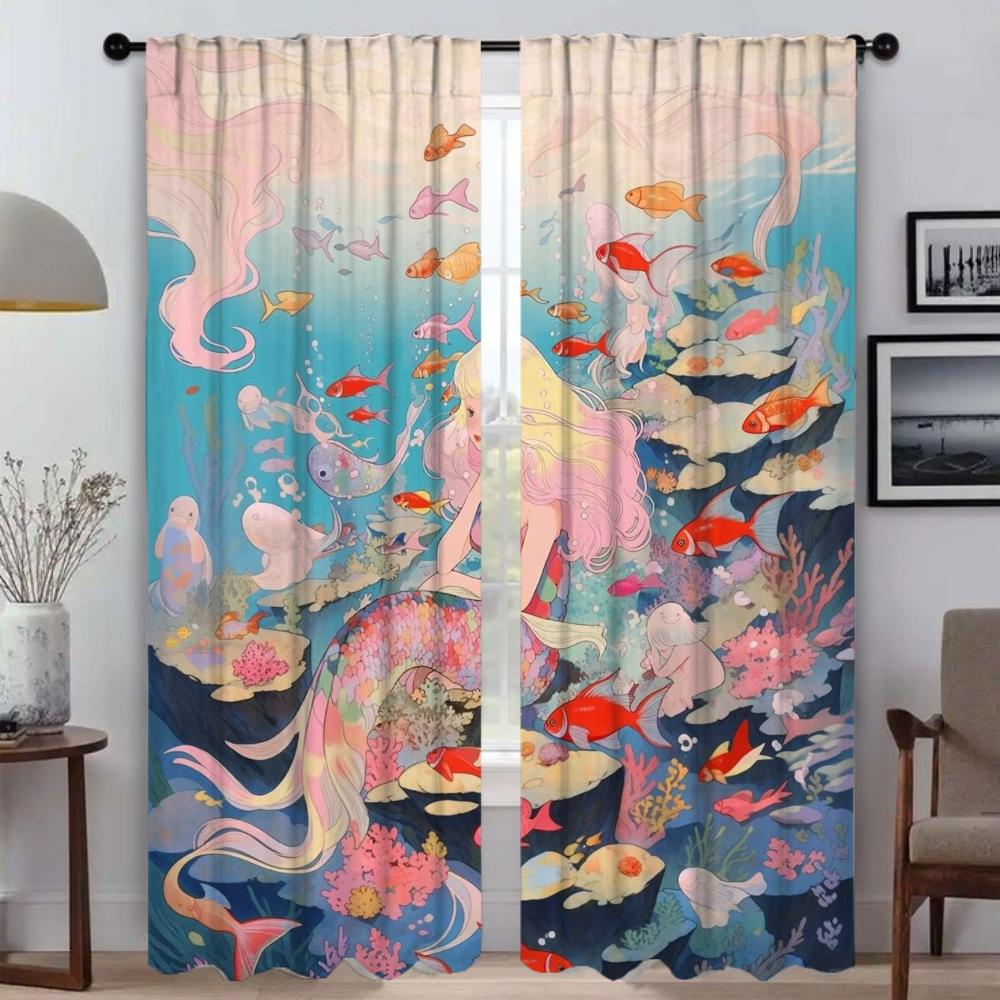 Mermaid Blackout Curtains for Living Room Home Interior Curtains 2 Pieces Window Curtain Tulle for Bedroom Halloween Decoration