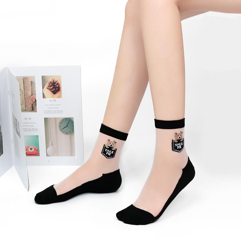 5 Pairs of Women's Summer Thin Cotton Bottom Non Slip Durable Crystal Silk Transparent Mid Tube Socks