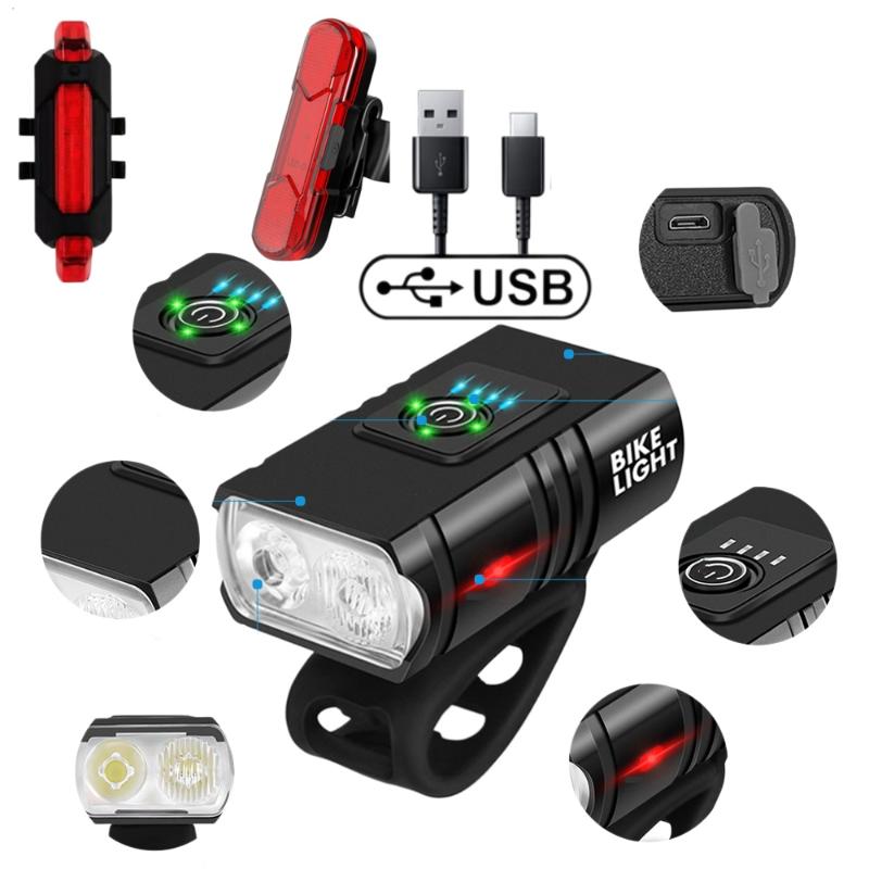 1 Set Rechargeable Bicycle Flashlight Bike Light Front Led Power Display Cycling Headlight Taillight For Cycling Riding Safety
