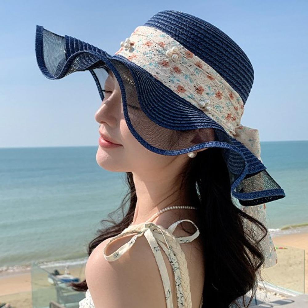 Pearl Wide Brim Sun Hat Bowknot Fisherman Sunshade Cap Vacation Lace Streamers Straw Hat Summer