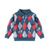 Children's Contrasting Color Argyle Sweater for Boys, Autumn and Winter Retro Polo Collar, Baby Boy's Long-Sleeved Knitted Shirt, Pure Cotton