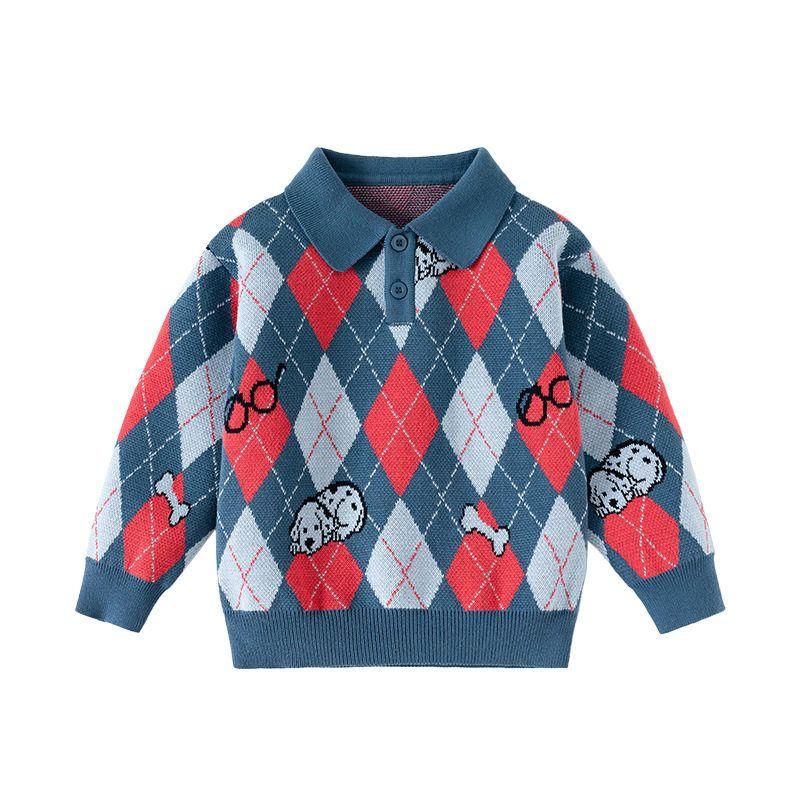 Children's Contrasting Color Argyle Sweater for Boys, Autumn and Winter Retro Polo Collar, Baby Boy's Long-Sleeved Knitted Shirt, Pure Cotton