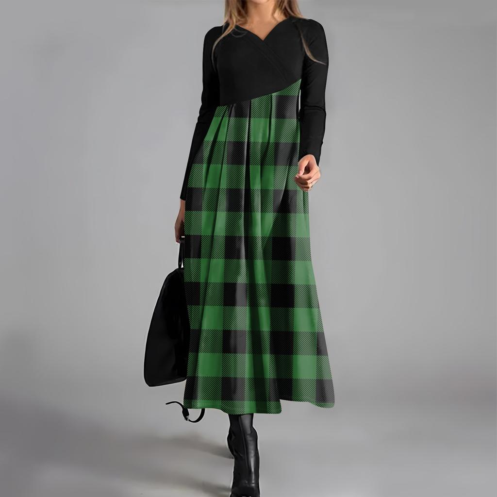 Dámské ležérní šaty s dlouhým rukávem s výstřihem do V, kostkovaným potiskem, stahovací kapsou v pase a velkými swingovými šaty