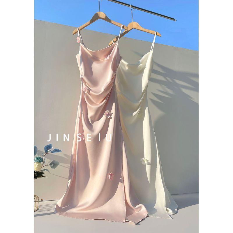 

Summer New Arrival Design Floral Acetate Sling Dress Female Pleating Streamer Satin Drape Fancy Inner Wear Skirt Pink M