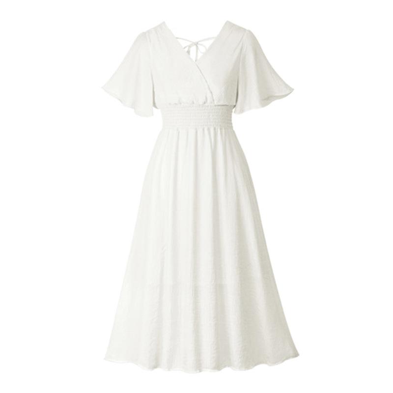 

Летнее элегантное женское однотонное модное плиссированное платье миди с коротким рукавом M белый